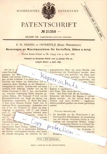 Original Patent - F. W. Hering in Osterfeld , Kreis Weissenfels , 1882 , Waschmaschinen für Kartoffeln !!!