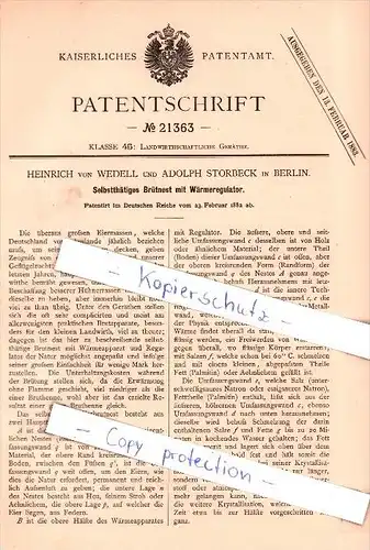 Original Patent -  H. von Wedell und A. Storbeck in Berlin , 1882 , Brütnest mit Wärmeregulator !!!