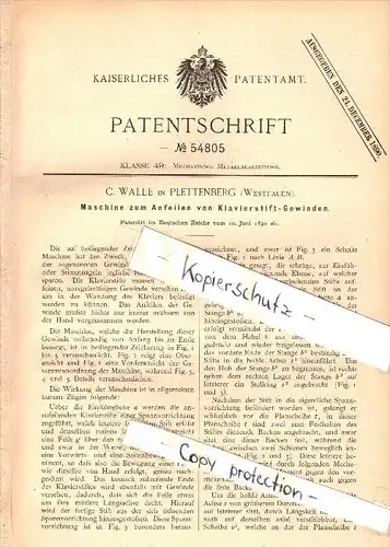 Original Patent - C. Walle in Plettenberg , Westfalen , 1890 , Maschine für Klavierstift-Gewinde , Klavier , Musikalien