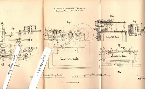 Original Patent - C. Walle in Plettenberg , Westfalen , 1890 , Maschine für Klavierstift-Gewinde , Klavier , Musikalien