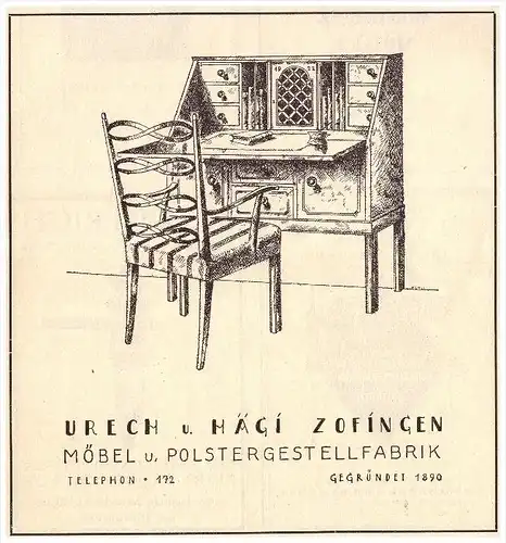 original Werbung - 1926 - Urech & Hägi in Zofingen , Möbel und Polsterfabrik !!!