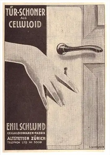 original Werbung - 1926 - Emil Schlund in Altstetten b. Zürich , Celluloid - Fabrik  !!!