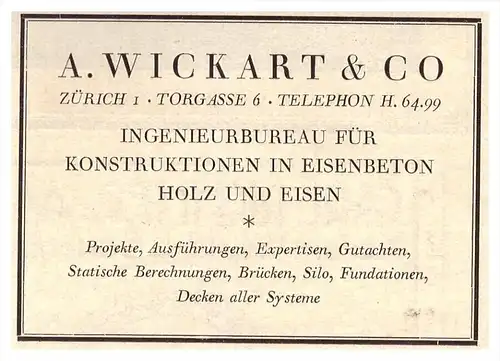 original Werbung - 1926 - A. Wickart & Co in Zürich , Ingenieurbürö , Holz und Eisen , Bau !!!