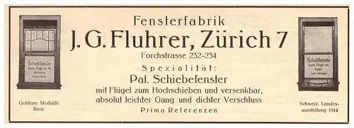 original Werbung - 1926 - J.G. Fluhrer , Fensterfabrik und Glaserei in Zürich !!!