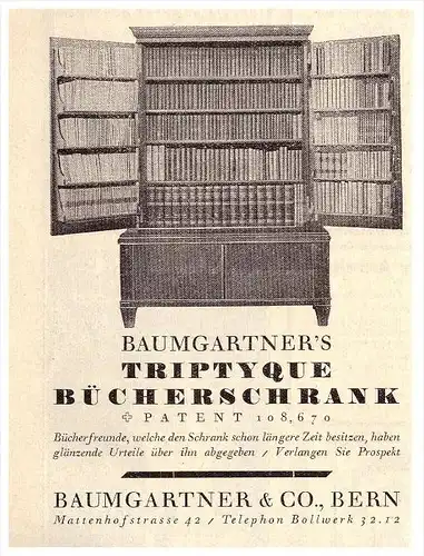 original Werbung - 1926 - Triptyque Bücherschrank , Baumgartner & Co in Bern , Möbel , Bücher !!!