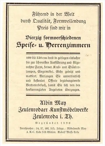 original Werbung - 1926 -  Speise- und Herrenzimmer , Zeulenroda i. Th. , Möbel , Antiquitäten !!!