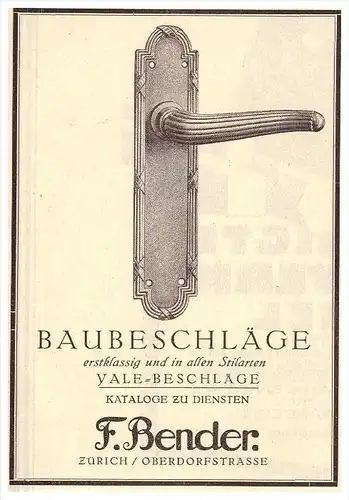 original Werbung - 1926 - F. Bender , Baubeschläge in Zürich , Yale-Beschläge , Oberdorfstrasse !!!