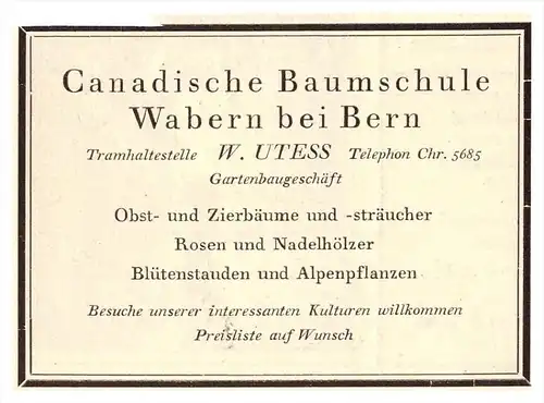 original Werbung - 1926 - Canadische Baumschule in Wabern b. Bern , W. Utess , Gartenbau , Obstbau !!!