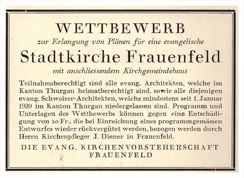 original Werbung - 1926 - Wettbewerb Stadtkirche in Frauenfeld , Kirche , Bau , Architektur , Thurgau !!!