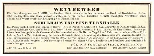 original Werbung - 1926 - Schulhaus und Turnhalle , Wettbewerb in Aesch , Baselland , Basel . Architektur !!!