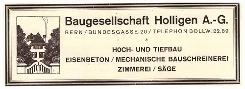 original Werbung - 1926 - Baugesellschaft Holligen in Bern , Hoch- und Tiefbau , Zimmerei , Bundesgasse !!!