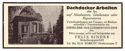 original Werbung - 1926 - Felix Binder in Zürich , Dachdecker , Bau , Dach , Holderstrasse !!!