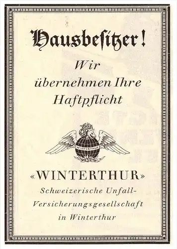 original Werbung - 1926 - Hausbesitzer !! Versicherung in Winterthur !!!