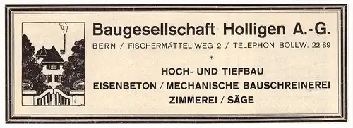 original Werbung - 1927 - Baugesellschaft Holligen in Bern , Hoch- und Tiefbau , Zimmerei , Fischermätteliweg !!!