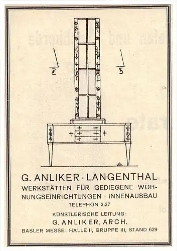 original Werbung - 1927 - G. Anliker in Arch und Langenthal , Werkstatt , Möbel , Kunst !!!