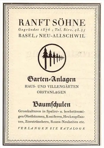 original Werbung - 1927- Ranft Söhne in Neu-Allschwil , Basel , Baumschule , Garten-Anlagen , Obstbau !!!