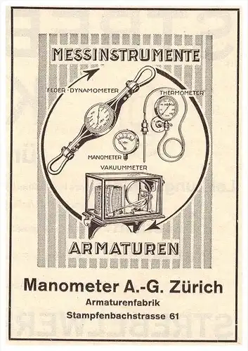 original Werbung - 1927- Manometer AG in Zürich , Armaturenfabrik , Stampfenbachstrasse , Messinstrumente , Thermomerter