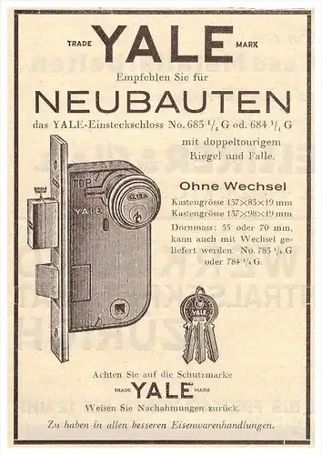 original Werbung - 1927 -  Yale- Einsteckschloss , Schlüsseldienst , Türenbau , Einbruchschutz !!!