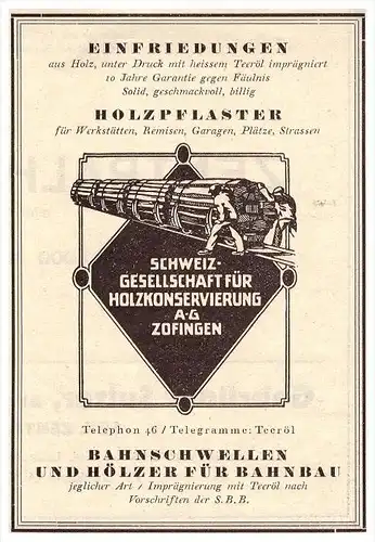 original Werbung - 1927 - Bahnschwellen für Bahnbau  in Zofingen , Holzpflaster , Holz , Eisenbahn !!!