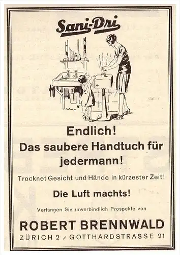 original Werbung - 1927 - Robert Brennwald in Zürich , Sani-Dri , Handtuch , Sanitär , Gotthardstrasse !!!