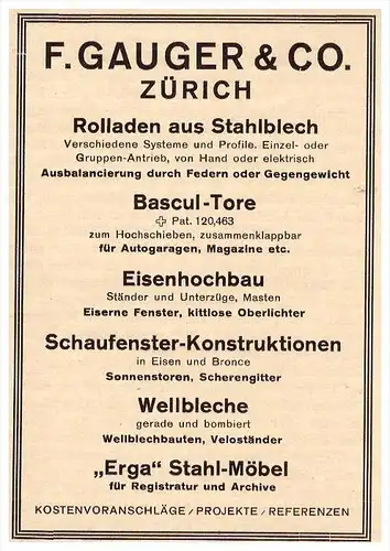 original Werbung - 1927 - F. Gauger & co in Zürich , Stahlbau , Bleche , Roladen , Bau !!!