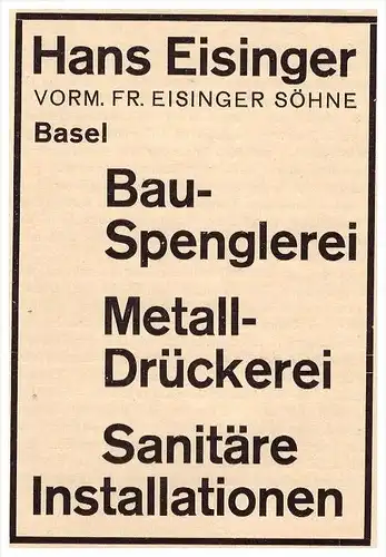 original Werbung - 1927 - Hans Eisinger in Basel , Sanitär , Sprenglerei , Bau !!!
