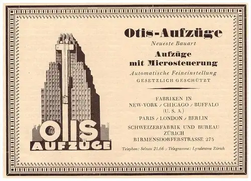 original Werbung - 1927 - OTIS - Aufzüge in Zürich , Birmensdorferstrasse , Fahrstuhl , Lift , Aufzug !!!