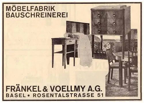 original Werbung - 1927 - Fränkel & Voellmy in Basel , Möbelfabrik , Schreinerei , Rosentalstrasse  !!!