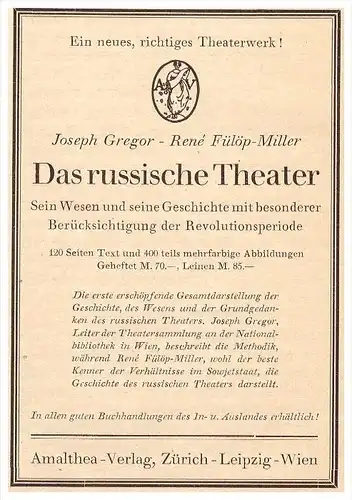 original Werbung - 1927 - Das russische Theater , Revolution , Russland , Amalthea Verlag , Leipzig , Zürich , Wien !!!
