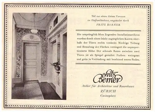 original Werbung - 1927 - Atelier für Architektur und Raumkunst , Fritz Berner in Zürich , Casinoplatz  !!!