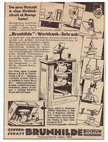 original Werbung - 1939 - Brunhilde-Werkbank in Bochum , Werkstatt , DRGM !!