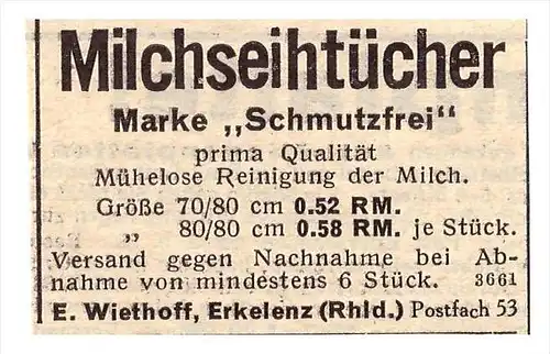 original Werbung - 1939 - Milchseihtücher , E. Wiethoff in Erkelenz i. Rheinland , Landwirtschaft , Miclh , Agrar !!!