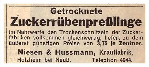 original Werbung - 1939 -  Zuckerrüben , Niesen & Hussmann , Krautfabrik in in Holzheim b. Neuß !!!