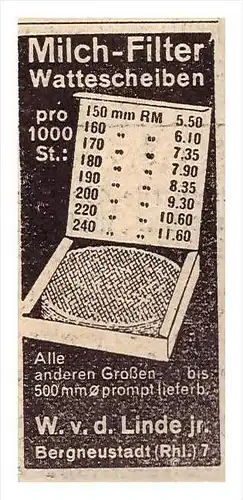original Werbung - 1939 - Milch-Filter , Wattescheiben , W. von der Linde in Bergneustadt !!!