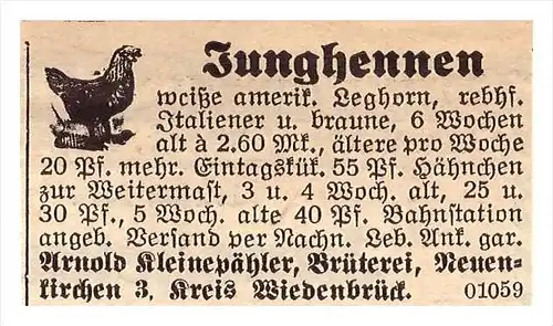 original Werbung - 1939 - Junghennen , A. Kleinepähler , Neuenkirchen b. Wiedenbrück , Geflügel , Riedberg