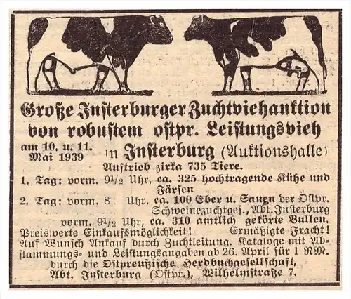original Werbung - 1939 - Zuchtvieh-Auktion in Insterburg , Landwirtschaft !!