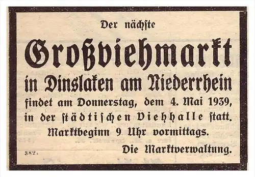 original Werbung - 1939 - Großviehmarkt in Dinslaken am Niederrhein , Markt , Landwirtschaft !!