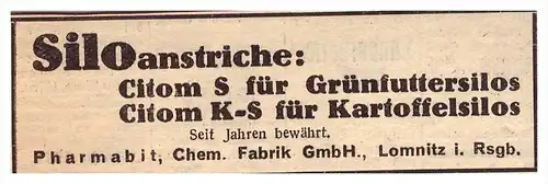 original Werbung - 1939 - Silo-Anstriche , Pharmabit in Lomnitz i. Riesengebirge , Landwirtschaft !!