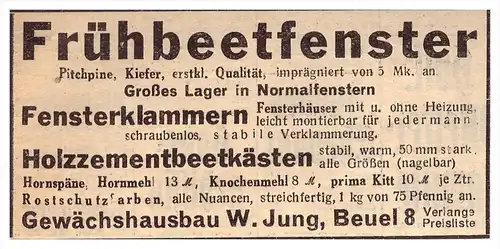 original Werbung - 1939 - Frühbeetfenster , Gewächshausbau W. Jung in Beuel , Landwirtschaft !!