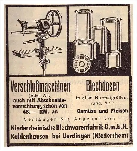 original Werbung - 1939 - Blechwarenfabrik GmbH in Kaldenhausen b. Uerdingen , Blechdosen , Landwirtschaft !!!
