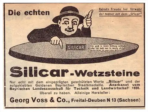 original Werbung - 1939 - Silicar - Wetztsteine , Georg Voss & Co. in Freital-Deuben , Landwirtschaft !!