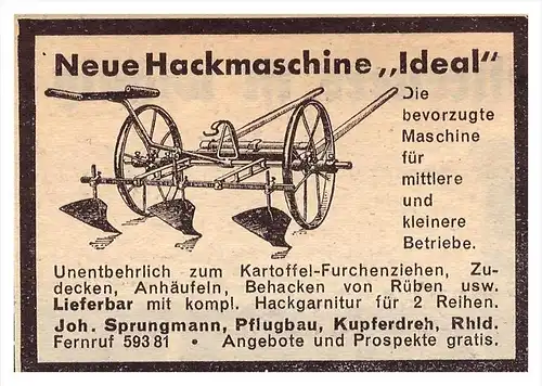 original Werbung - 1939 - Hackmaschine , J. Sprungmann in Kupferdreh , Rheinland , Pflugbau , Landwirtschaft !!