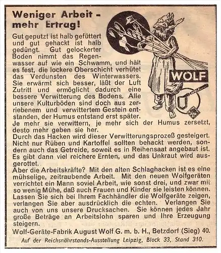 original Werbung - 1939 - Wolf-Geräte-Fabrik in Betzdorf a. Sieg , Schlepper , Traktor , Landwirtschaft !!