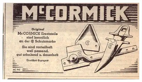 original Werbung - 1939 -  Mc Cormick - Ersatzteile , Schlepper , Traktor , Landwirtschaft !!