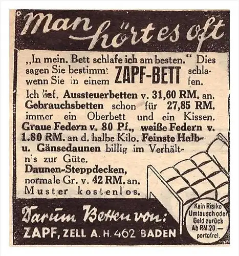 original Werbung - 1939 - Betten von Zapf aus Zell a.H. , Bettenhaus !!