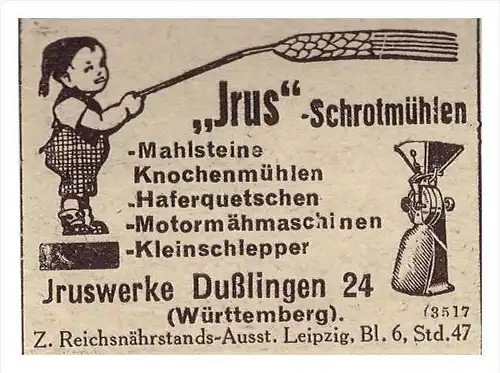 original Werbung - 1939 -  Irus Schrotmühlen in Dußlingen , Reichsnährstand !!!