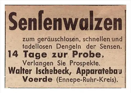 original Werbung - 1939 - Sensenwalzen , Walter Ischebeck in Voerde !!!
