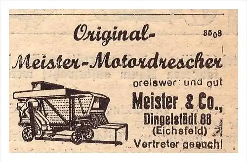 original Werbung - 1939 - Motordrescher , Meister & Co in Dingelstädt 99 , Eichsfeld !!