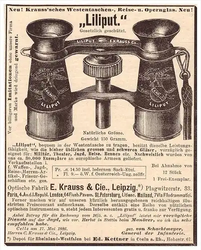 original Werbung - 1888 - Liliput - Fernglas , E. Krauss & Cie in Leipzig , Optik , Fernstecher !!
