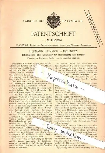 Original Patentschrift - H. Heinrich in Döllnitz b. Schkopau i.S., 1898 , Schälmaschine für Getreide , Landwirtschaft !!